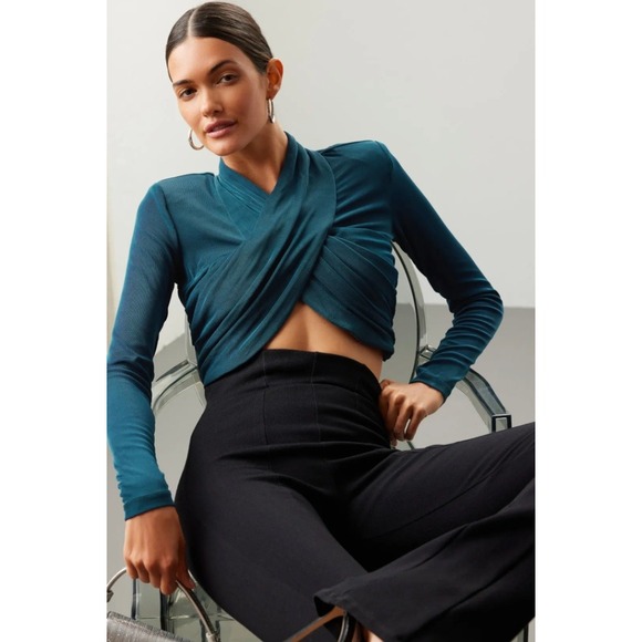 Bardot Tops - Bardot Wren Wrap Top Teal Blue Long Sleeve Cropped‎ Ruched Criss Cross Sz S